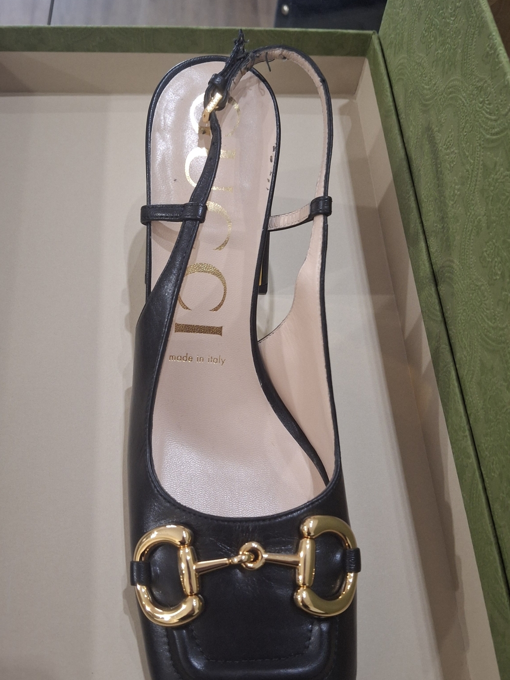 Gucci Black Leather Slingback Mule with Gold Horsebit